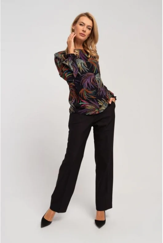 Elegancka czarna bluzka z długimi rękawami w kolorowy wzór