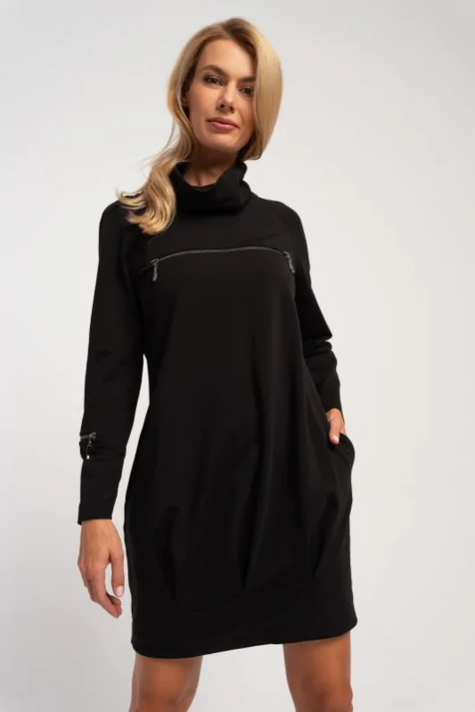 Czarna sukienka dresowa do kolan, z długimi rękawami i suwakami