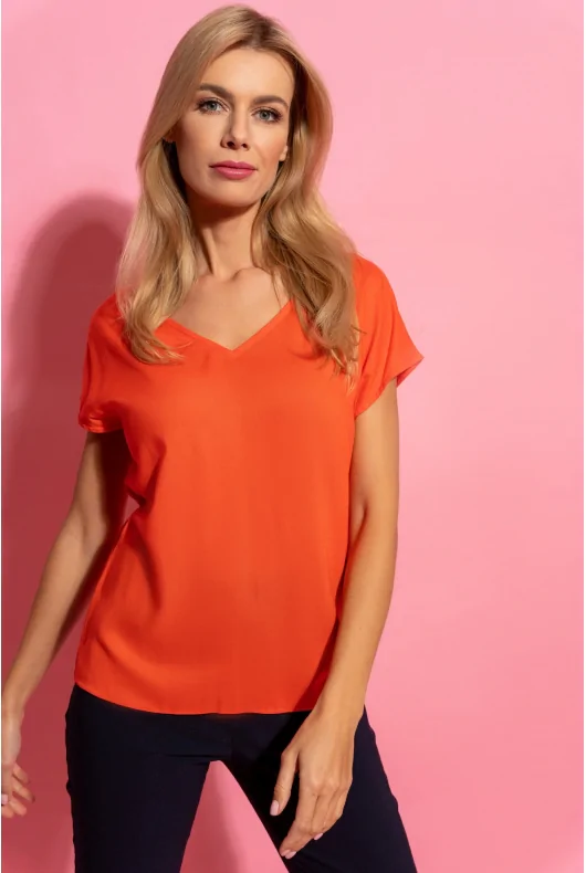 Klasyczny wygodny pomarańczowy tshirt damski z wiskozy. Uniwersalny, do każdej stylizacji.