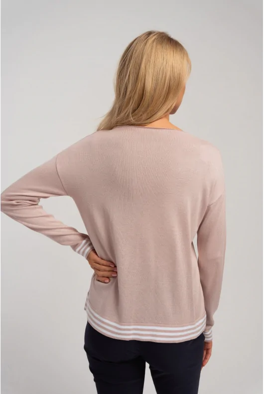 Różowo - pudrowa, sweterkowa bluzka z wiskozy o prostym kroju ze ściągaczami