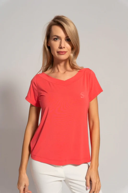 Dzianinowa bluzka t-shirt z wiskozy w kolorze koralowym różowym