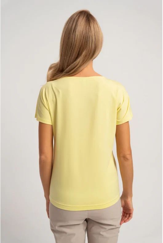 Żółta bluzka wiskozowa z krótkimi rękawami i ukośnym ściągaczem