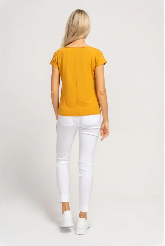 bluzka wiskozowa z krótkim rękawem, w kolorze żółtym, z dekoltem w serek