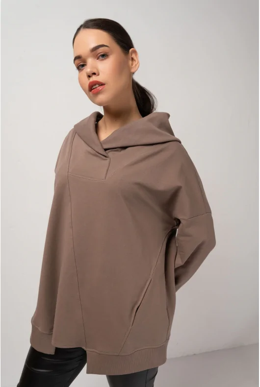 bawełniana bluza damska asymetryczna oversize w kolorze beżowym