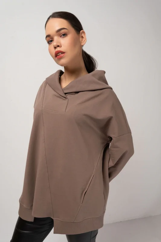 bawełniana bluza damska asymetryczna oversize w kolorze beżowym