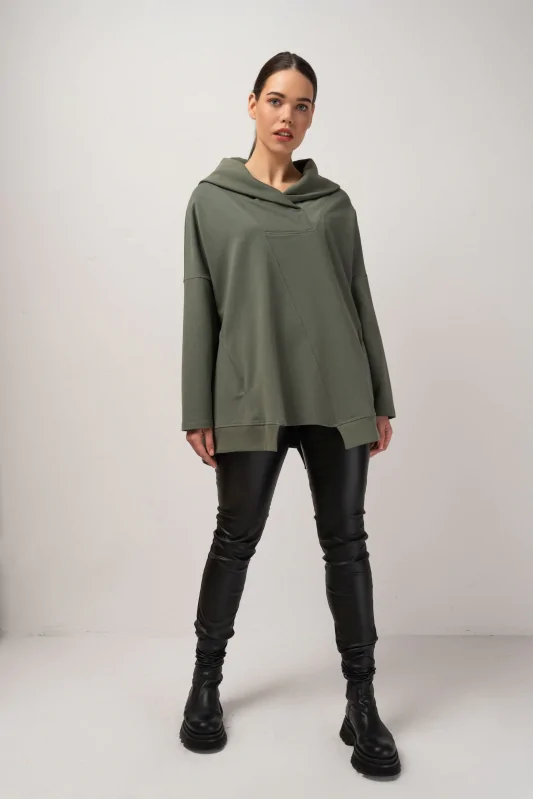 bawełniana bluza asymetryczna damska oversize w kolorze oliwkowym