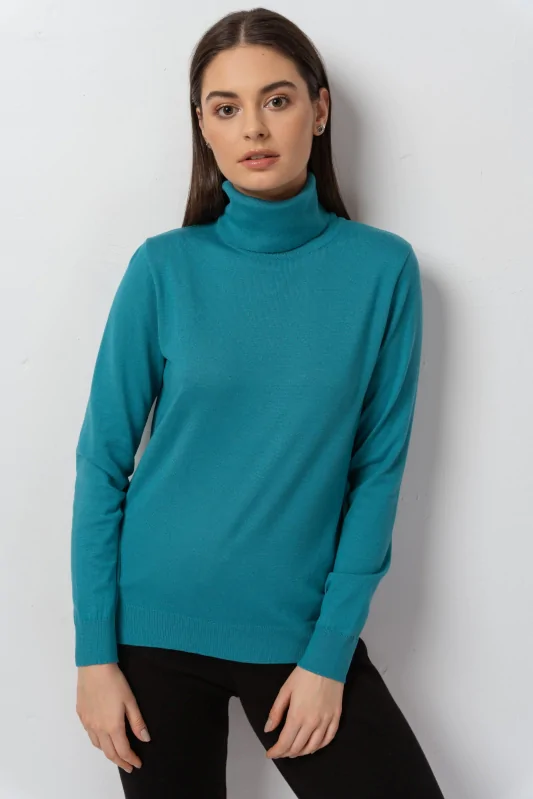 gładki wiskozowy sweter z golfem w kolorze turkusowym