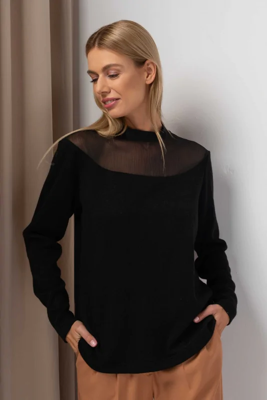 elegancka sweterkowa czarna bluzka damska z szyfonową wstawką przy dekolcie