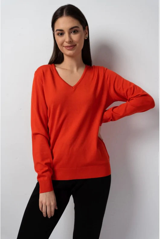 Cienki wiskozowy sweter z dekoltem w serek, w kolorze pomarańczowym