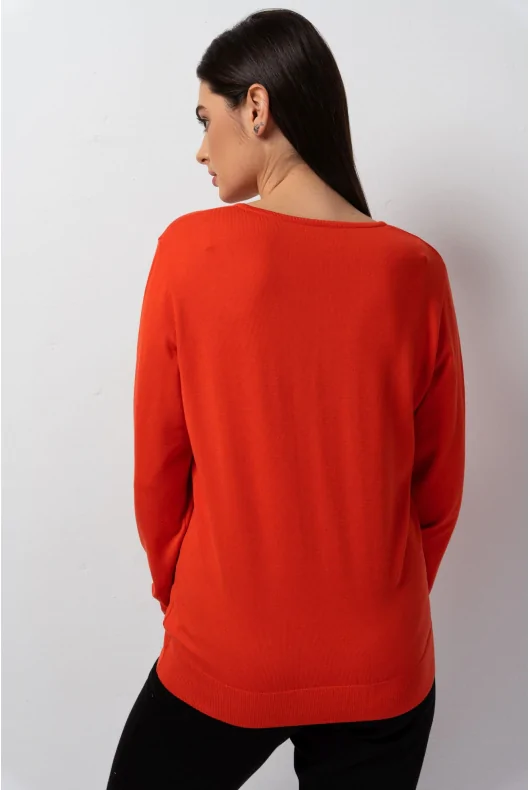 Pomarańczowy cienki sweter z wiskozy z dekoltem w serek