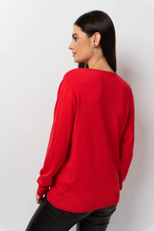 Cienki wiskozowy sweter z dekoltem w serek, w kolorze czerwonym