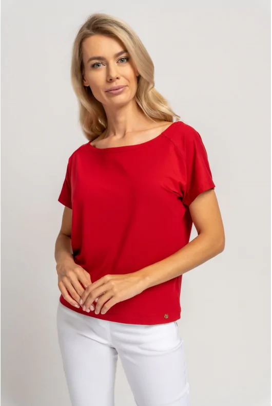 wiskozowa bluzka w kolorze czerwonym, z krótkim rękawem o luźnym kroju