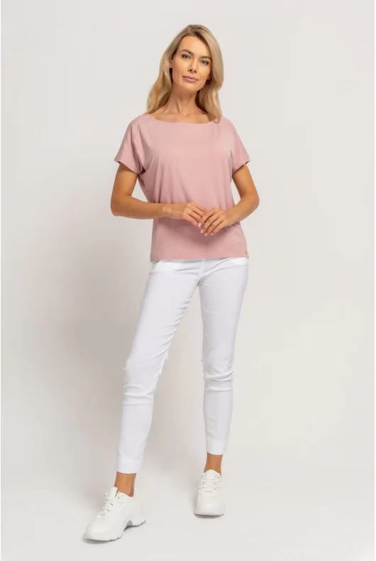 wiskozowa bluzka w kolorze różowym, z krótkim rękawem o luźnym kroju