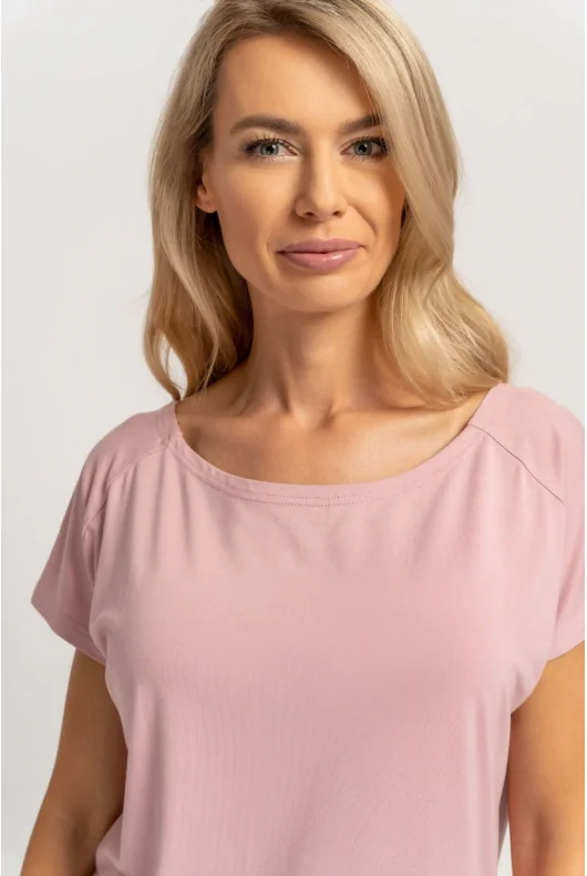 wiskozowa bluzka w kolorze różowym, z krótkim rękawem o luźnym kroju
