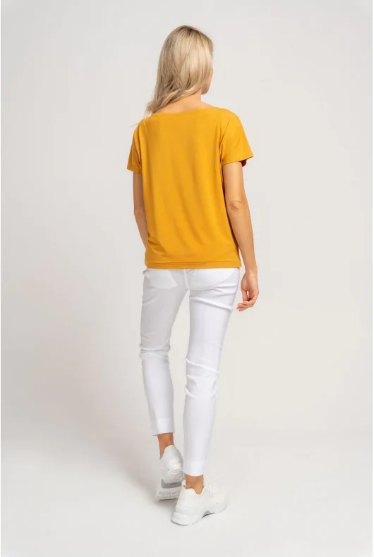 wiskozowa bluzka w kolorze żółtym, z krótkim rękawem o luźnym kroju