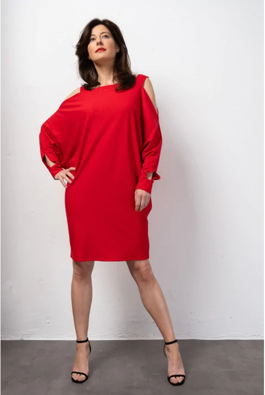 sukienka mini z wiskozy, nietoperzowe rękawy z rozcięciami, w kolorze czerwonym