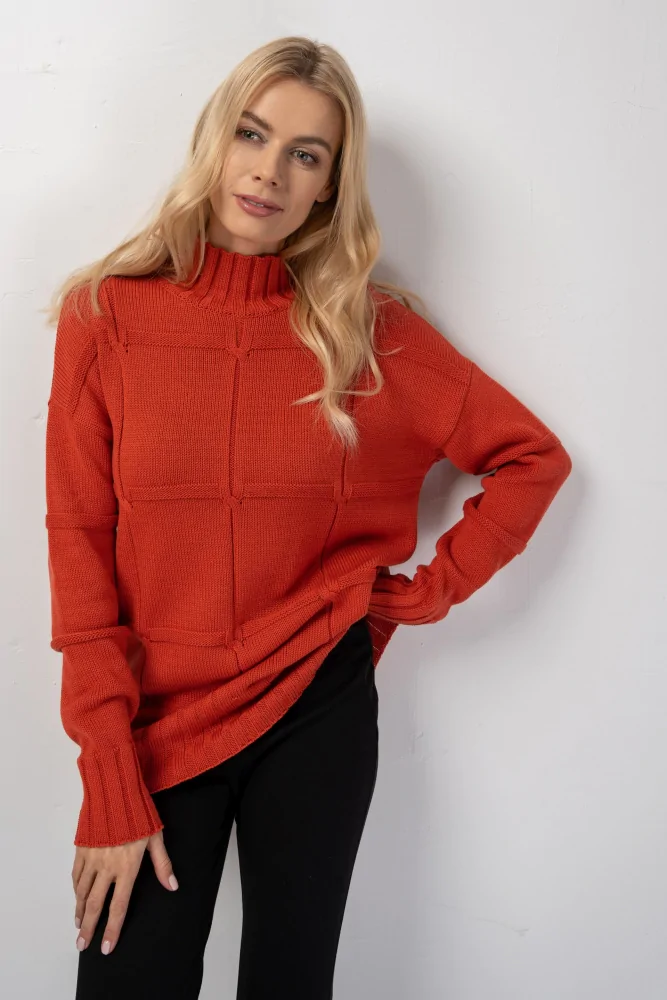 Sweter z półgolfem w kolorze czerwonym, z dodatkiem bawełny, oversize