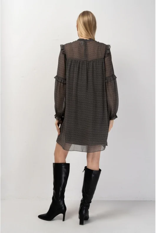 Szyfonowa sukienka MINI, z podszewką i ozdobnymi falbankami, w kolorze khaki z drobnym wzorem