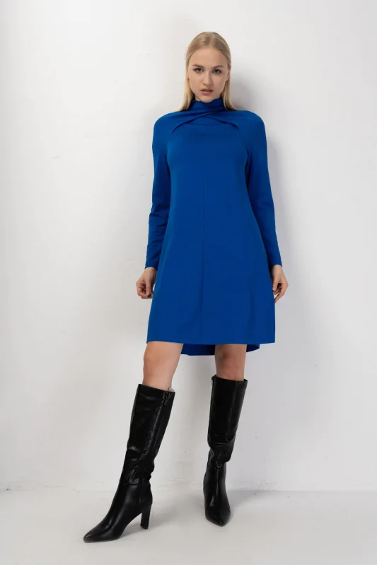 sukienka z długim rękawem i półgolfem, w długości mini, elastyczny materiał z dodatkiem wiskozy, w kolorze niebieskim