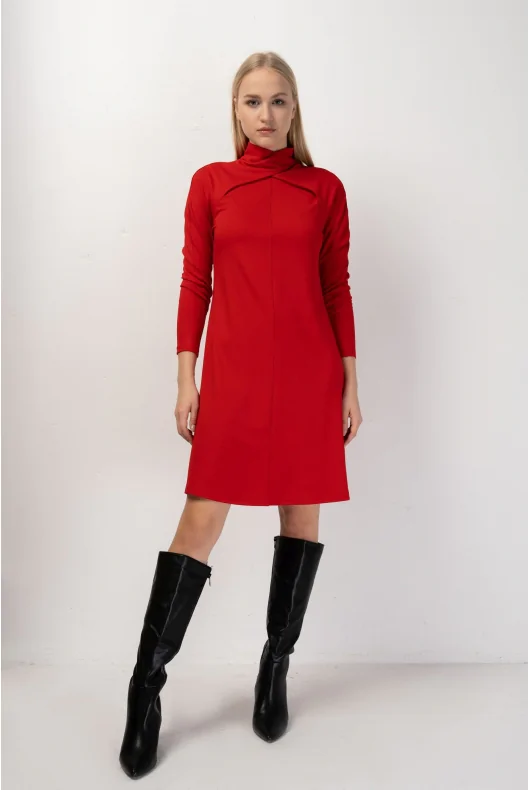 sukienka z długim rękawem i półgolfem, w długości mini, elastyczny materiał z dodatkiem wiskozy, w kolorze czerwonym