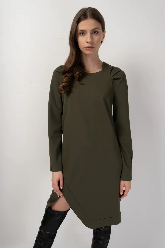 sukienka mini z wiskozy, z długim rękawem i  rozcięciem z przodu, z kieszeniami, w kolorze zielonym