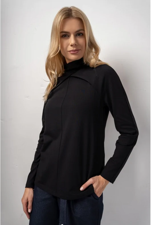 bluzka z długim rękawem i półgolfem, elastyczny materiał z dodatkiem wiskozy, w kolorze czarnym
