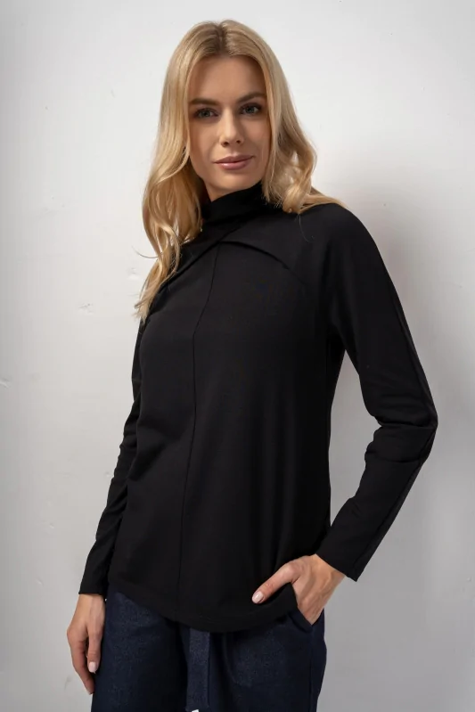 bluzka z długim rękawem i półgolfem, elastyczny materiał z dodatkiem wiskozy, w kolorze czarnym