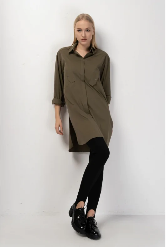 Bawełniana koszula damska - tunika oversize w kolorze oliwkowym