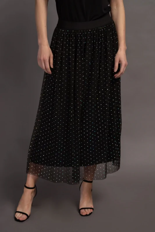 długa, czarna szyfonowa, tiulowa spódnica z kolorowymi kryształkami