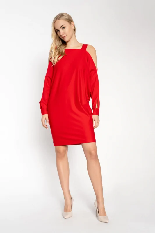 sukienka mini z wiskozy, nietoperzowe rękawy z rozcięciami, w kolorze czerwonym