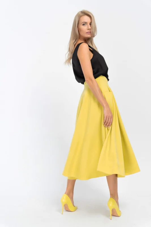 Elegancka rozkloszowana spódnica midi z wiskozy w kolorze limonkowym