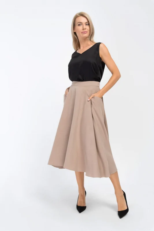 Elegancka rozkloszowana spódnica midi z wiskozy w kolorze beżowym