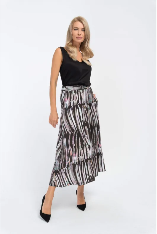 Długa trapezowa spódnica midi czarna w kolorowy wzór