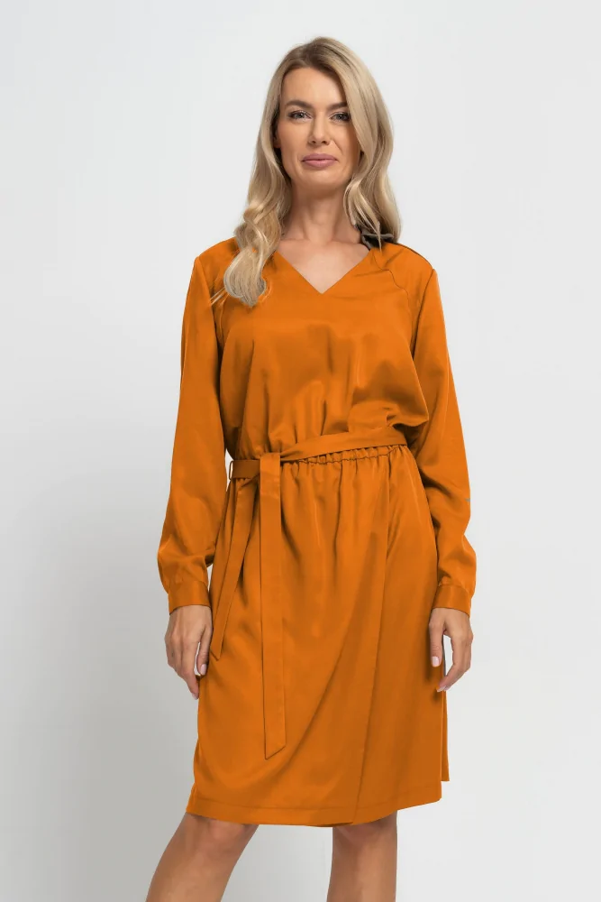 pomarańczowa kopertowa sukienka MIDI z długim rękawem z lyocellu
