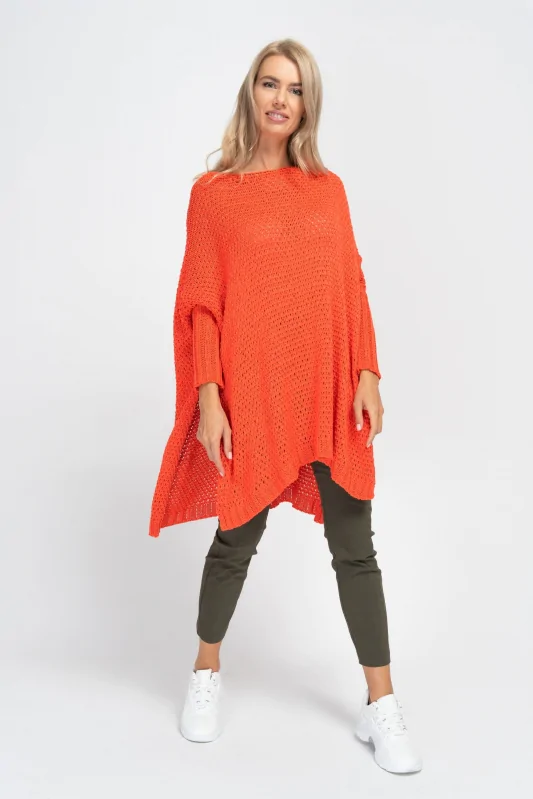 oversizowy sweter ponczo w kolorze pomarańczowym o ażurowym splocie