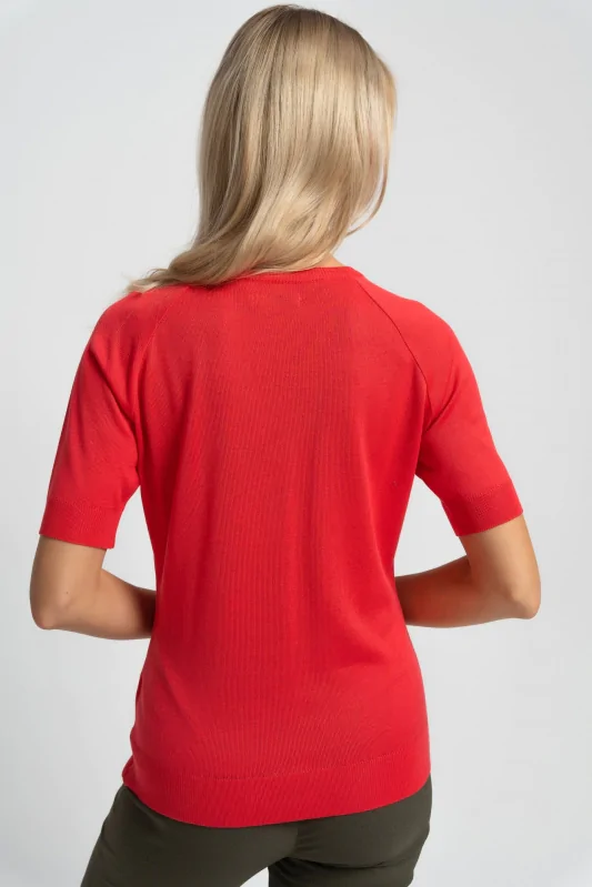 wiskozowy sweter z krótkim rękawem z dekoltem w serek w kolorze czerwonym