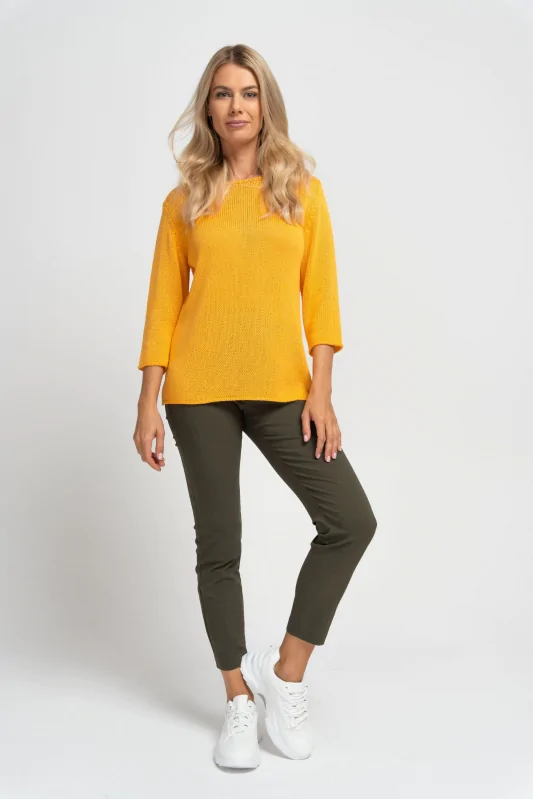 prosty damski sweter z rękawami 3/4 za łokieć, w kolorze żółtym