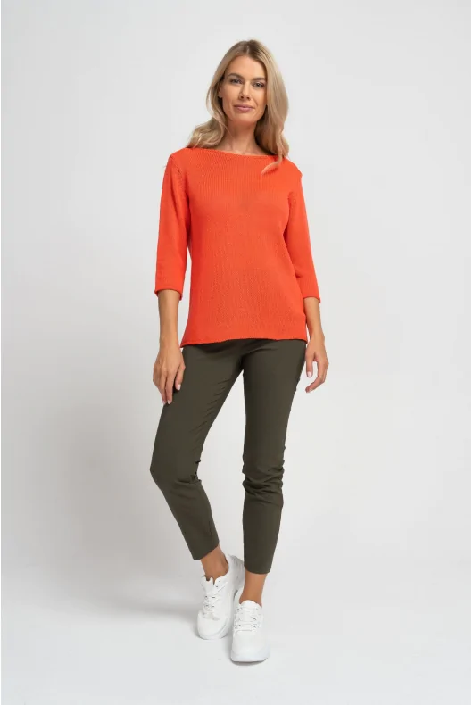 prosty damski sweter z rękawami 3/4 za łokieć, w kolorze pomarańczowym