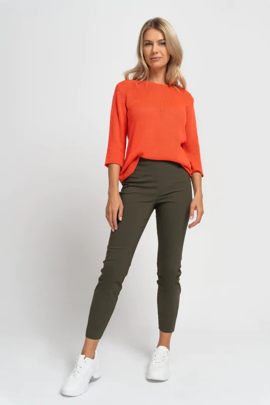 prosty damski sweter z rękawami 3/4 za łokieć, w kolorze pomarańczowym