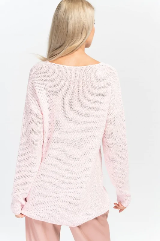 damski asymetryczny sweter z dekoltem w serek w kolorze różowym