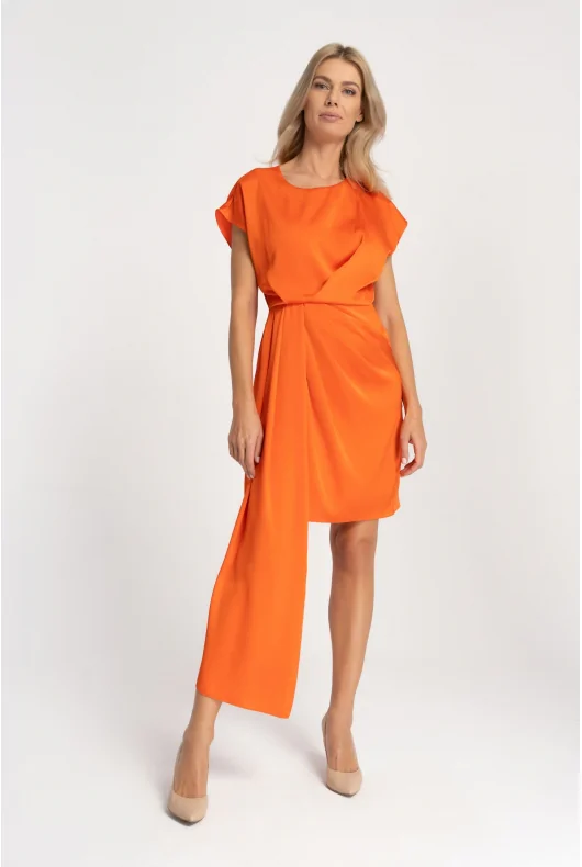 wizytowa sukienka MINI z krótkim rękawem, z ozdobną szarfą do połowy łydki, w kolorze pomarańczowym
