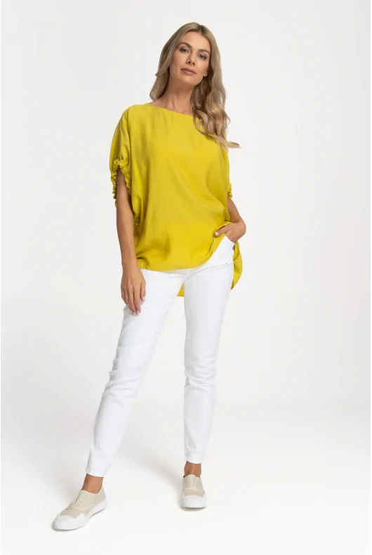 Żółta limonkowa bluzka muślinowa oversize z krótkimi rękawami