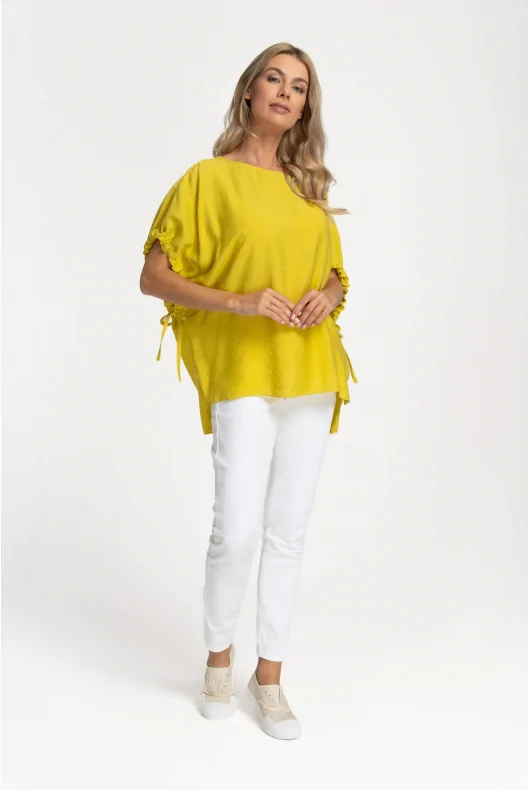 Żółta limonkowa bluzka muślinowa oversize z krótkimi rękawami
