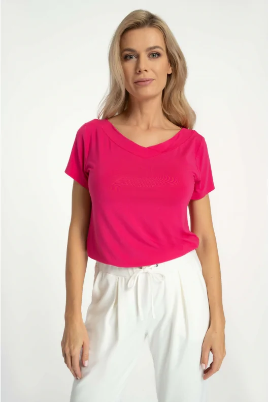 gładka, różowa bluzka z krótkim rękawem z mikromodalu