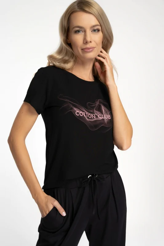 Damski czarny t-shirt z mikromodalu z nadrukiem