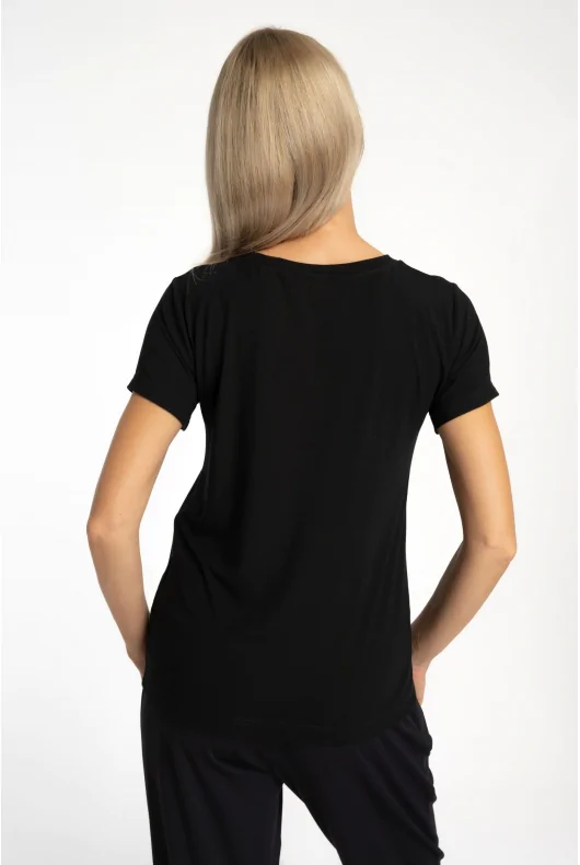 Damski czarny t-shirt z mikromodalu z nadrukiem