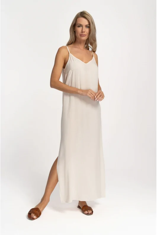 długa wiskozowa sukienka MAXI na cienkich regulowanych ramiączkach w kolorze kremowym