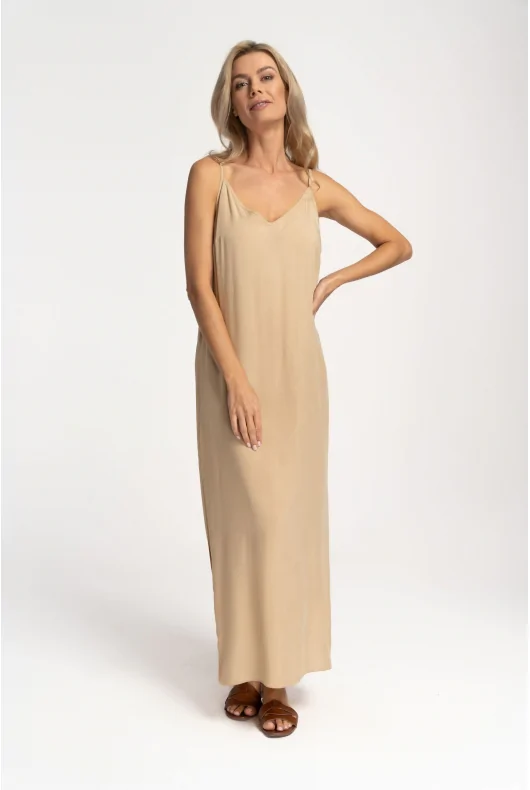 długa wiskozowa sukienka MAXI na cienkich regulowanych ramiączkach w kolorze beżowym