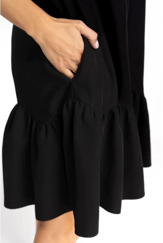 czarna sukienka z wiskozy z krótkim rękawem z falbaną na dole