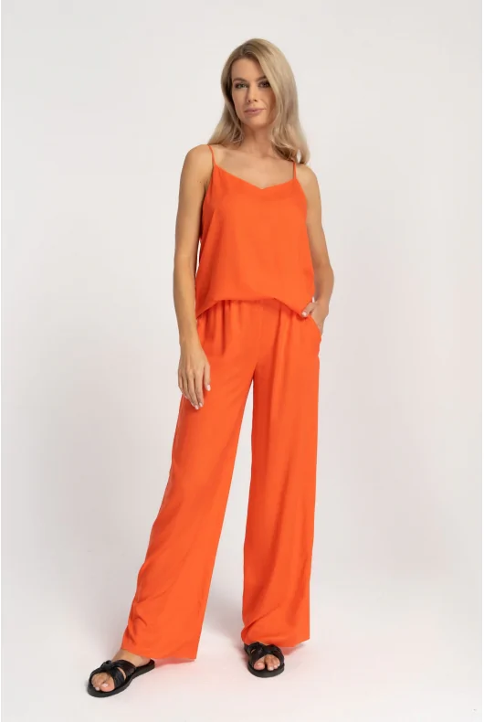 Letnie pomarańczowe spodnie damskie z wiskozy z szerokimi nogawkami